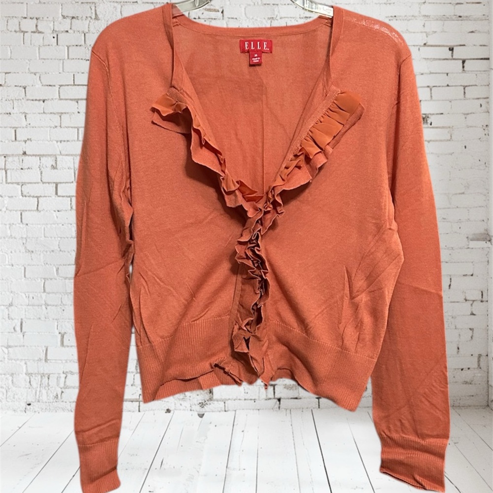 Elle Ruffled Front Cardigan Sweater in Coral.  Size M